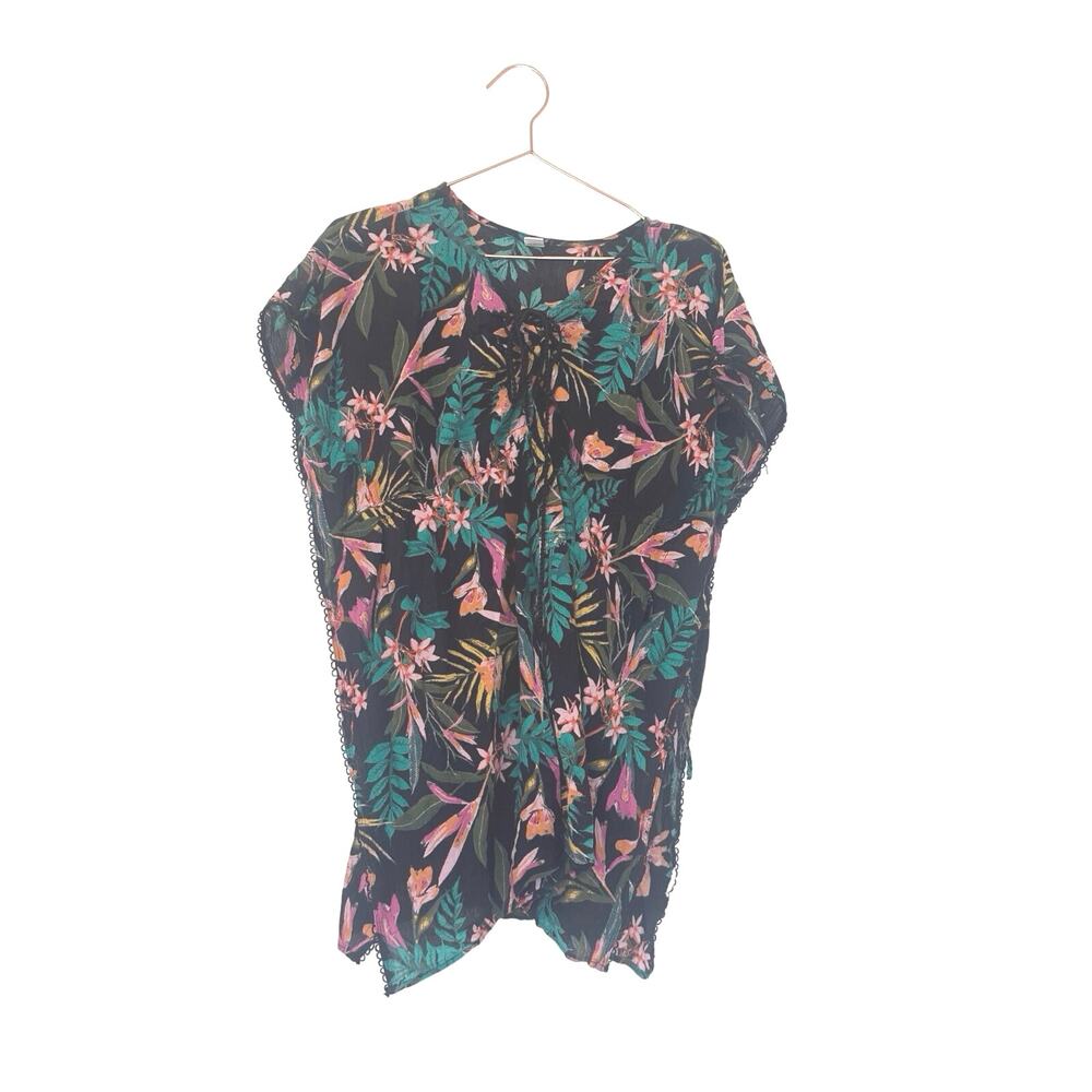 Old navy vibrant floral pattern lace trim drawstring tunic cover up